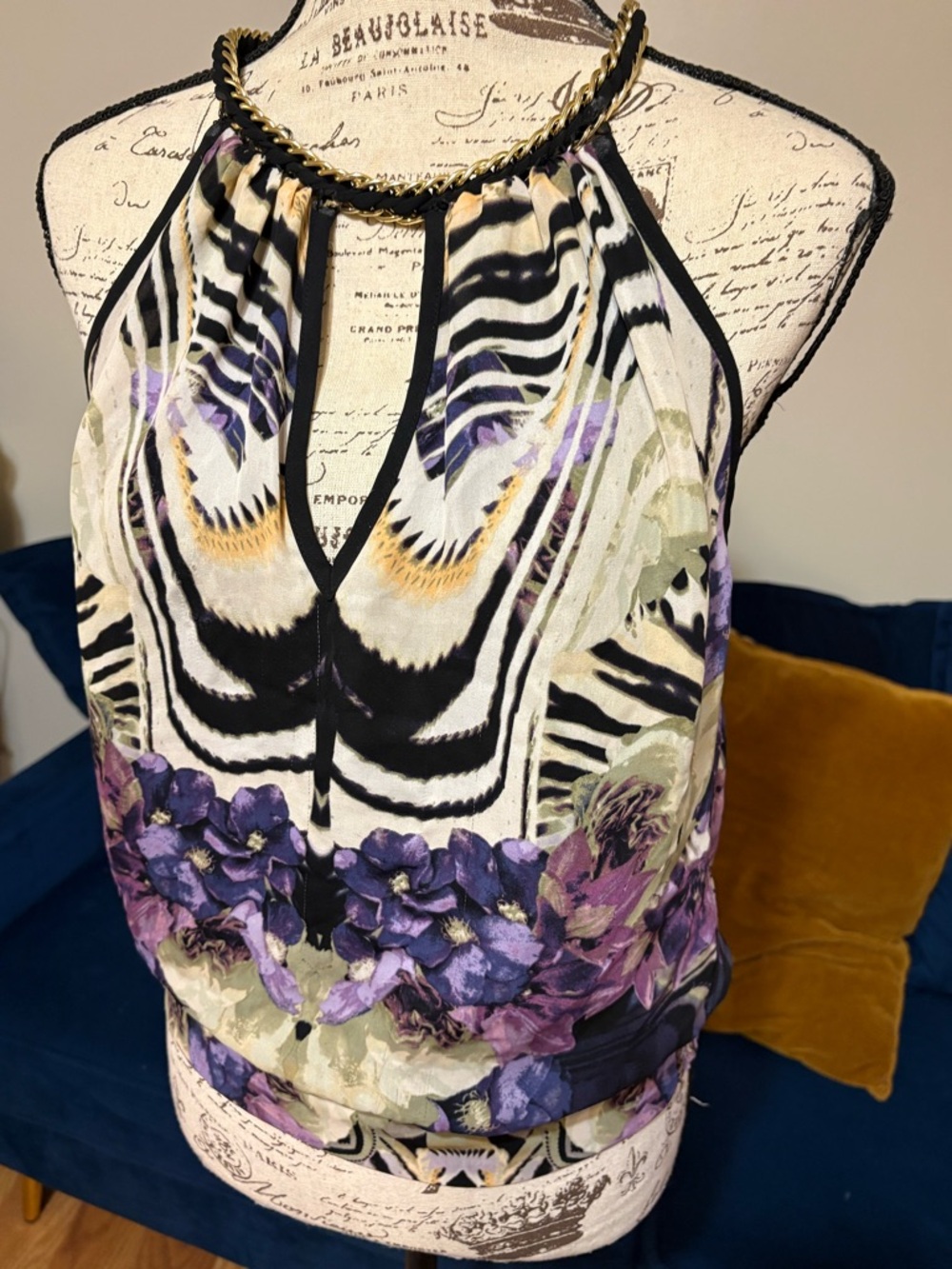 Purple Floral Zebra Halter Top with Chain Collar by bebe